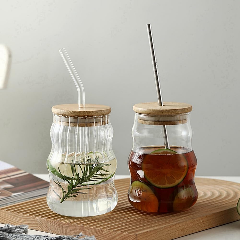 500ML Glass Cups with Lids and Straws Drinking Glasses with Bamboo Lids for Coffee Cocktail Smoothie Milk (Vertical Stripe Mug)