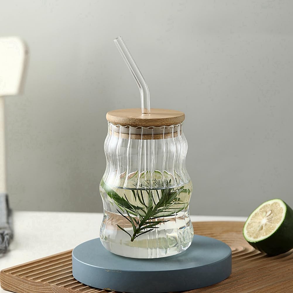 500ML Glass Cups with Lids and Straws Drinking Glasses with Bamboo Lids for Coffee Cocktail Smoothie Milk (Vertical Stripe Mug)
