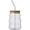 500ML Glass Cups with Lids and Straws Drinking Glasses with Bamboo Lids for Coffee Cocktail Smoothie Milk (Vertical Stripe Mug)