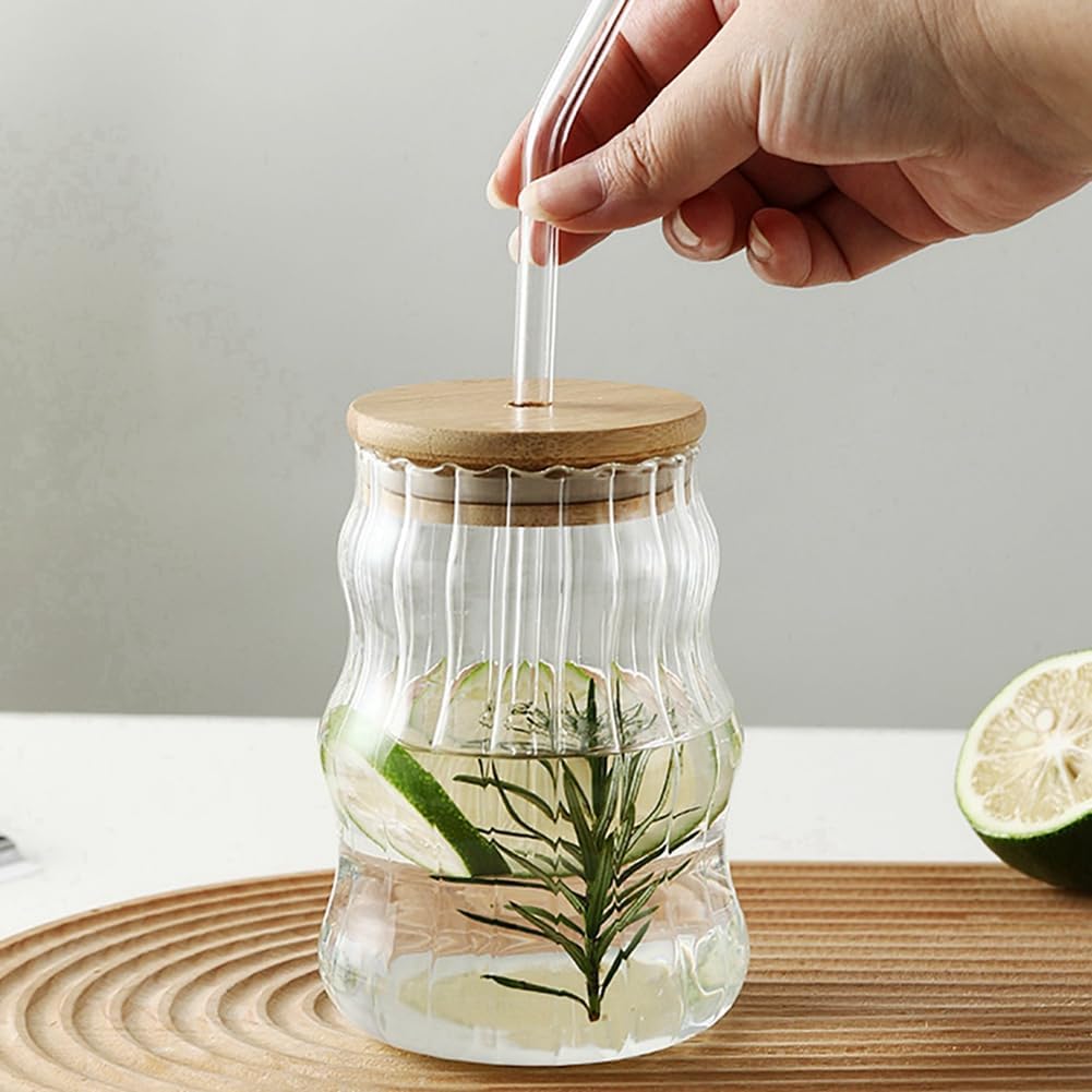 500ML Glass Cups with Lids and Straws Drinking Glasses with Bamboo Lids for Coffee Cocktail Smoothie Milk (Vertical Stripe Mug)