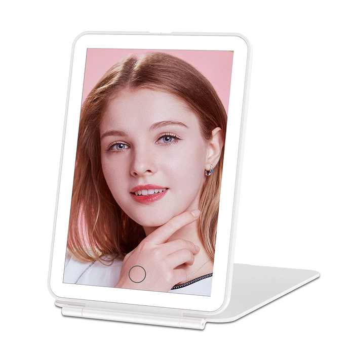 LED Makeup Mirror - Folding LED Makeup Mirror with 3 Light Colors, Stepless Dimming, Touch Switch, USB Rechargeable | Perfect for Travel and Home Use