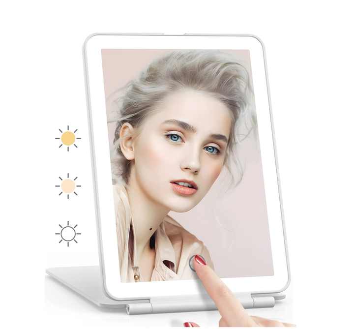 LED Makeup Mirror - Folding LED Makeup Mirror with 3 Light Colors, Stepless Dimming, Touch Switch, USB Rechargeable | Perfect for Travel and Home Use