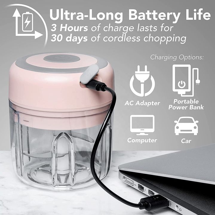 250ML Rechargeable Portable and Cordless Mini Food Processor - Stainless Steel Blade, Electric Garlic Chopper, Vegetable Chopper, Blender for Nuts, Chili, Onion, Minced Meat, and Spices