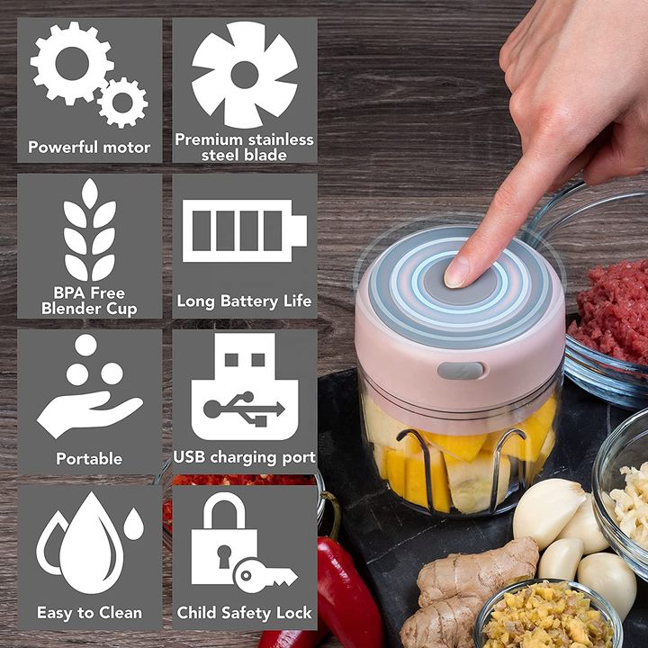 250ML Rechargeable Portable and Cordless Mini Food Processor - Stainless Steel Blade, Electric Garlic Chopper, Vegetable Chopper, Blender for Nuts, Chili, Onion, Minced Meat, and Spices