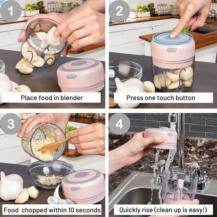 250ML Rechargeable Portable and Cordless Mini Food Processor - Stainless Steel Blade, Electric Garlic Chopper, Vegetable Chopper, Blender for Nuts, Chili, Onion, Minced Meat, and Spices
