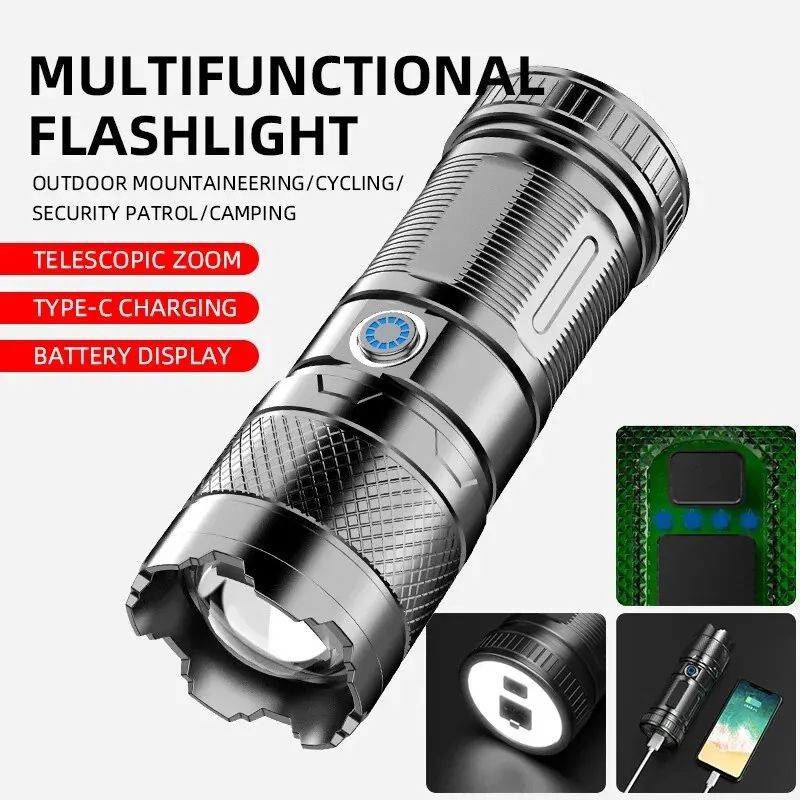 Multifunction LED Flashlight Super Bright Torch Outdoor Lighting Rechargeable Flashlight High Bright White Laser Flashlight Telescopic Zoom Flash light Torch Waterproof Camping Hand Light