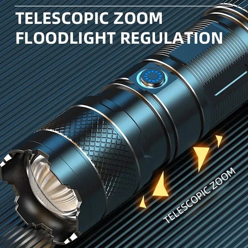 Multifunction LED Flashlight Super Bright Torch Outdoor Lighting Rechargeable Flashlight High Bright White Laser Flashlight Telescopic Zoom Flash light Torch Waterproof Camping Hand Light