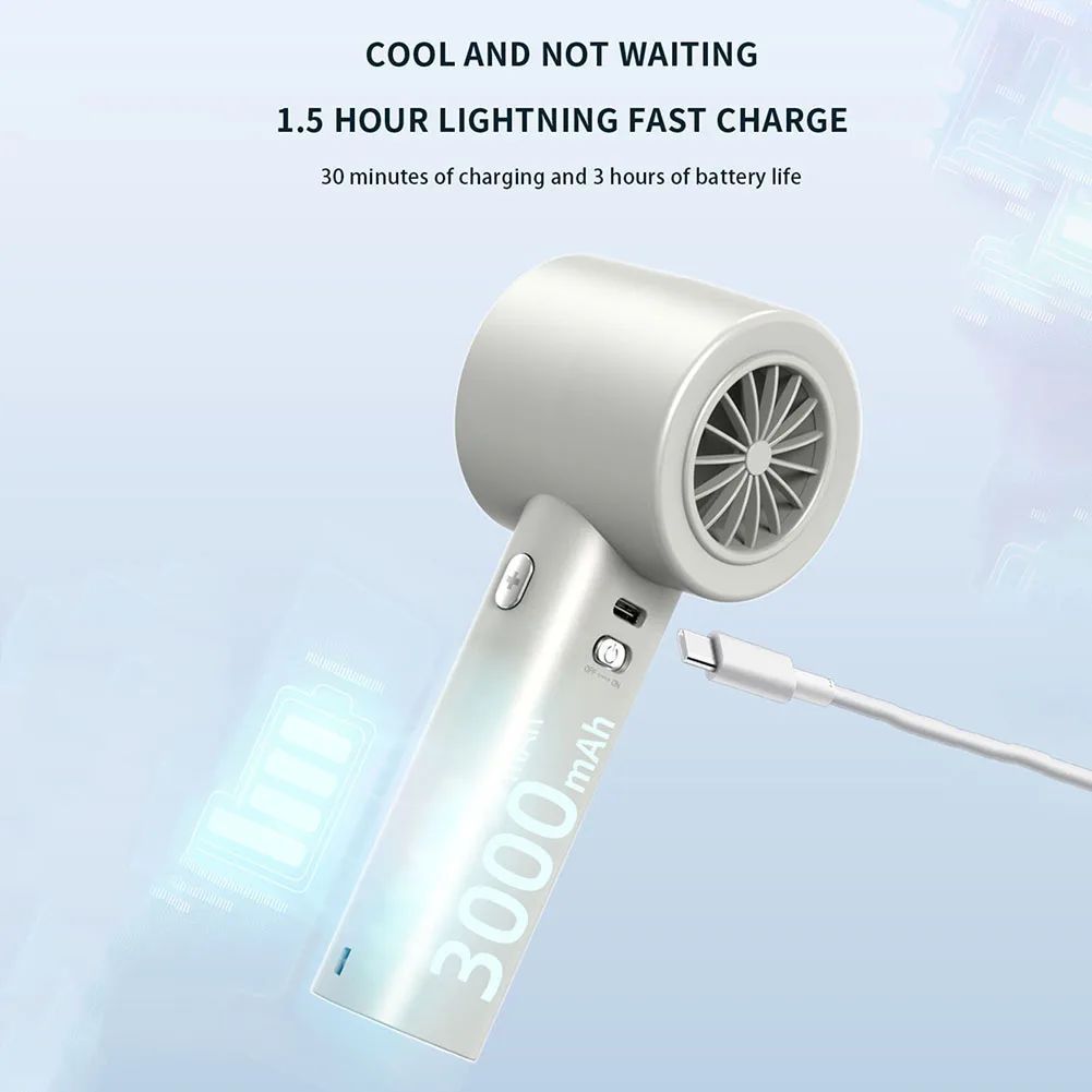 Portable Hurricane-Grade Handheld Fan 9m/s Storm Wind 100 Speeds Turbo Cooling 1.5H Fast Charge 3000mAh Battery for Home Office Car Outdoor Travel