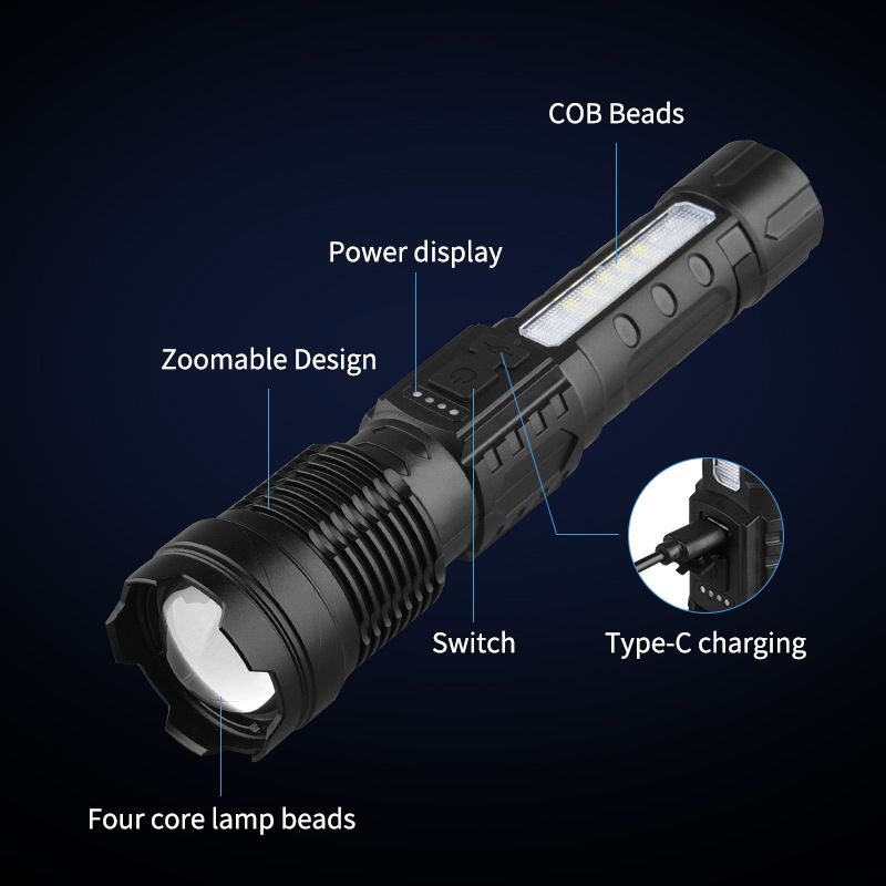 2000LM Rechargeable Tactical Flashlight Zoomable IP67 Waterproof 7 Modes Aluminum Alloy LED Torch for Camping/Emergency/Power Outage 3H Runtime 18650 Battery