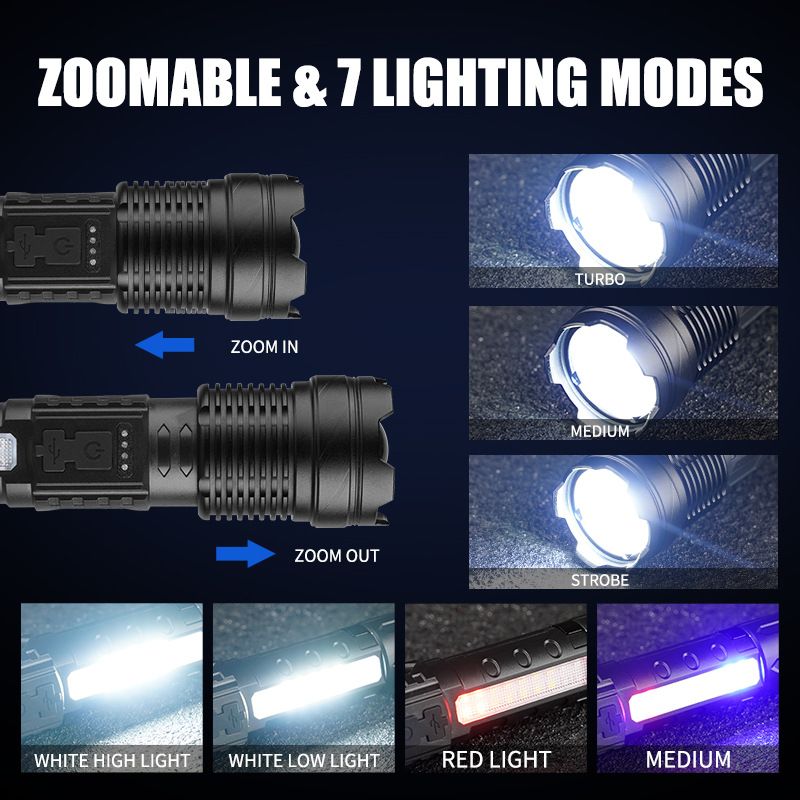 2000LM Rechargeable Tactical Flashlight Zoomable IP67 Waterproof 7 Modes Aluminum Alloy LED Torch for Camping/Emergency/Power Outage 3H Runtime 18650 Battery