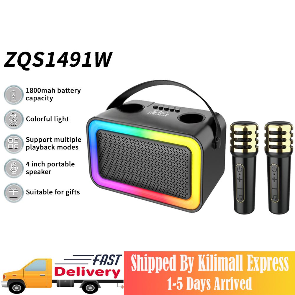 Double Wireless Mic Party Speaker 10W Bass RGB Disco Lights Storm 1800mAh Blackout-Proof Bluetooth/USB/TF/FM 4-in-1 Portable Nairobi Street King Super Bass for Outdoor Parties