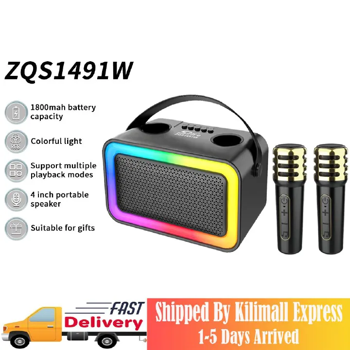 Double Wireless Mic Party Speaker 10W Bass RGB Disco Lights Storm 1800mAh Blackout-Proof Bluetooth/USB/TF/FM 4-in-1 Portable Nairobi Street King Super Bass for Outdoor Parties