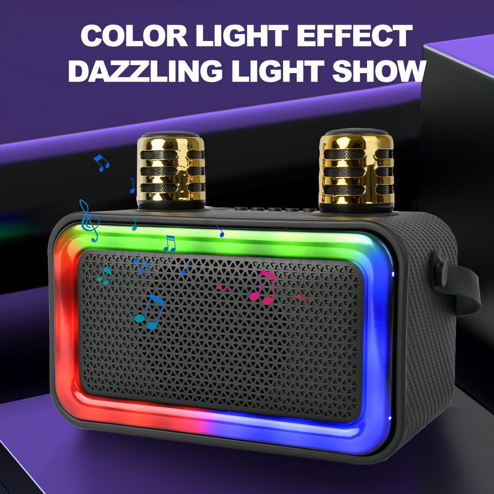 Double Wireless Mic Party Speaker 10W Bass RGB Disco Lights Storm 1800mAh Blackout-Proof Bluetooth/USB/TF/FM 4-in-1 Portable Nairobi Street King Super Bass for Outdoor Parties