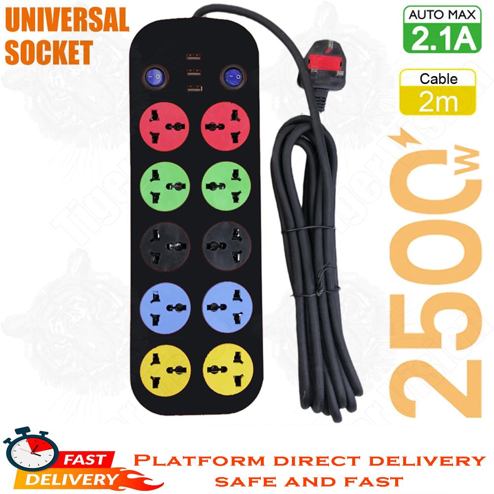 UK Plug Power Strip with Fuse 10 Outlets Power Socket Heavy Duty Surge Protector 2500W 3 USB Charger Fireproof Extension Cord (7ft)