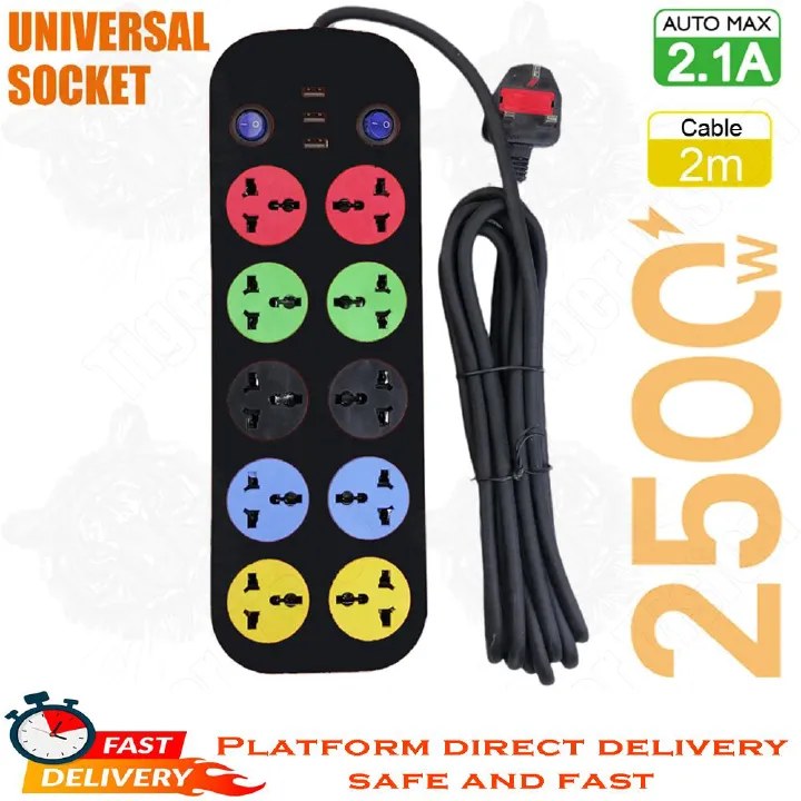 UK Plug Power Strip with Fuse 10 Outlets Power Socket Heavy Duty Surge Protector 2500W 3 USB Charger Fireproof Extension Cord (7ft)