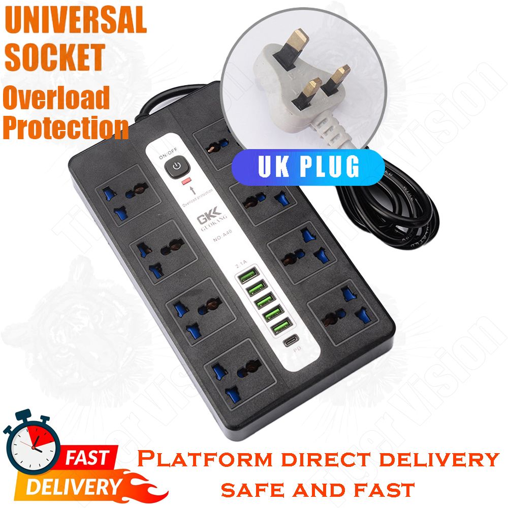 Universal Power Strip Power Socket USB Charger Adapter Surge Protector Heavy Duty Overload Protection Plug Multiple Outlets 8 Way Outlets 5 USB 1 PD Charging Port 7 Feet Long Extension Cord