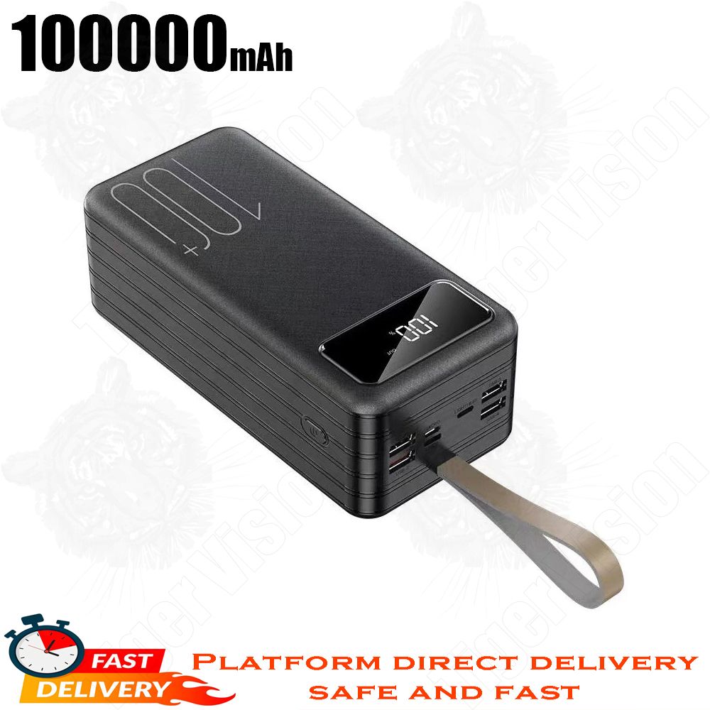 100000mAh Power Bank with Built-in Charging Cable 18W Fast Charge & LED Flashlight 4 USB Ports LED Display 370Wh Powerbank with Lanyard