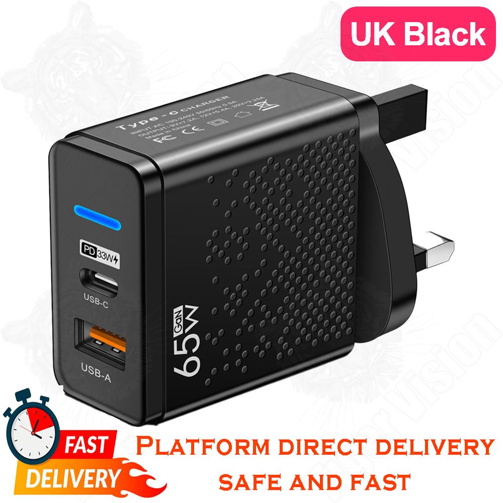 65W GaN Supercharger UK Plug with PD3.0 & QC3.0 Laptop iPhone Samsung Huawei Universal Compatibility 110-240V 3X Faster Charge