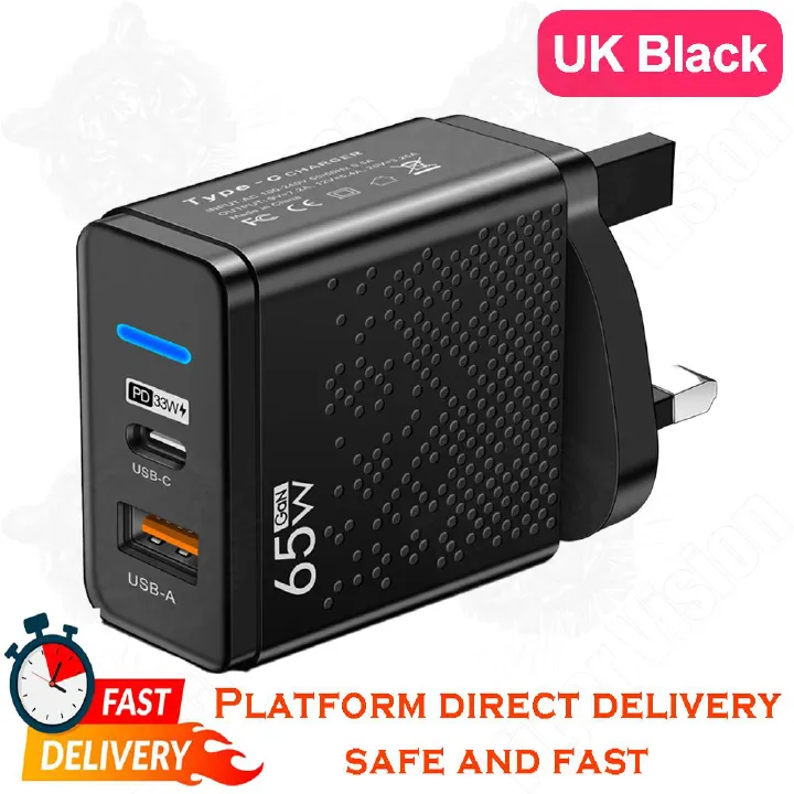 65W GaN Supercharger UK Plug with PD3.0 & QC3.0 Laptop iPhone Samsung Huawei Universal Compatibility 110-240V 3X Faster Charge