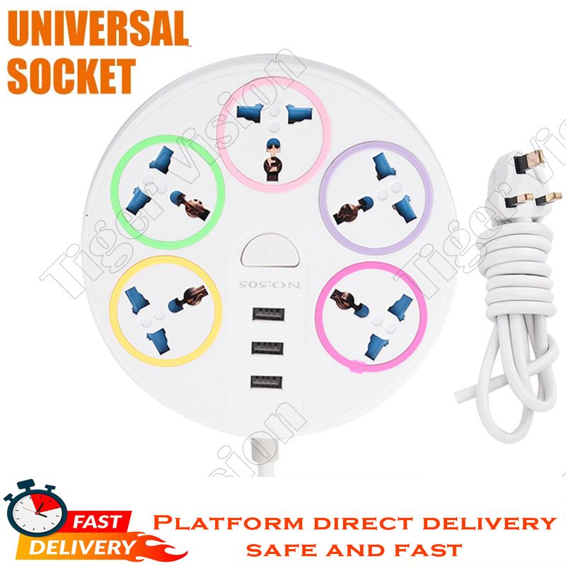 Universal Power Strip Child-Safe Power Strip with 3 USB Ports 2500W Flame Retardant Socket USB Charger Adapter 5AC Outlets Intelligent Charging  Wide Spacing for Kenya Home
