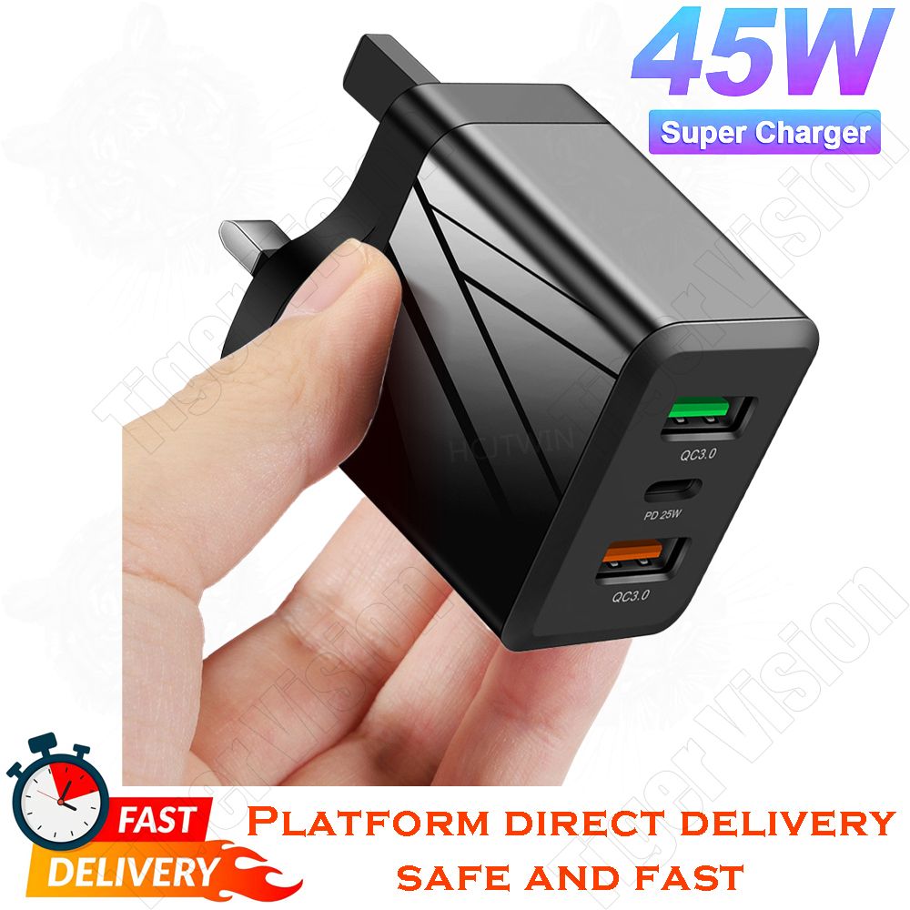 UK Plug Max 45W Universal Fast Charger with 3-Port Smart Shunt QC3.0+PD25W Smart Charging Universal 100-240V Voltage 6 Protections Overload Protection for Phone/Laptop/Tablet