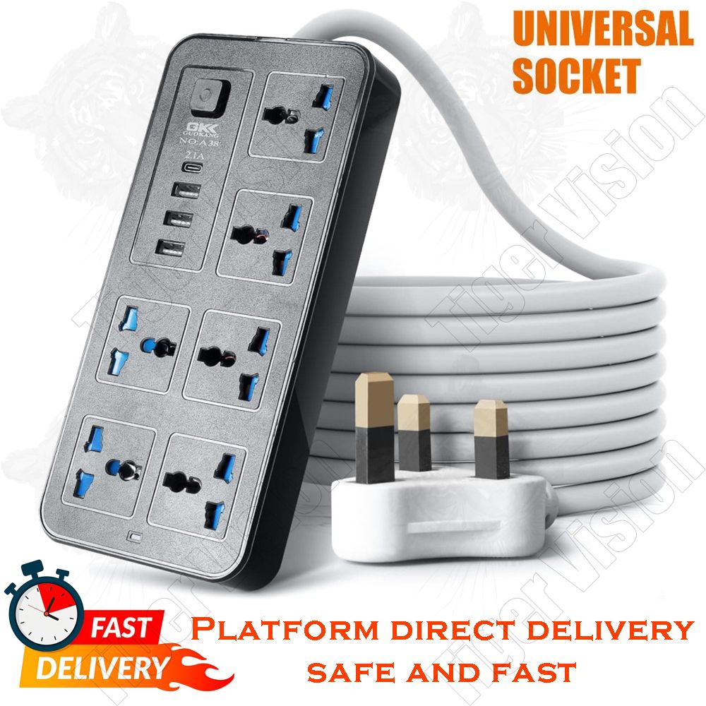Universal Power Strip Power Socket Heavy Duty Surge Protector Plug Power Socket  6 Way Outlets 3 USB PD Charging Ports USB Charger Adapter 7 Feet Long Extension Cord