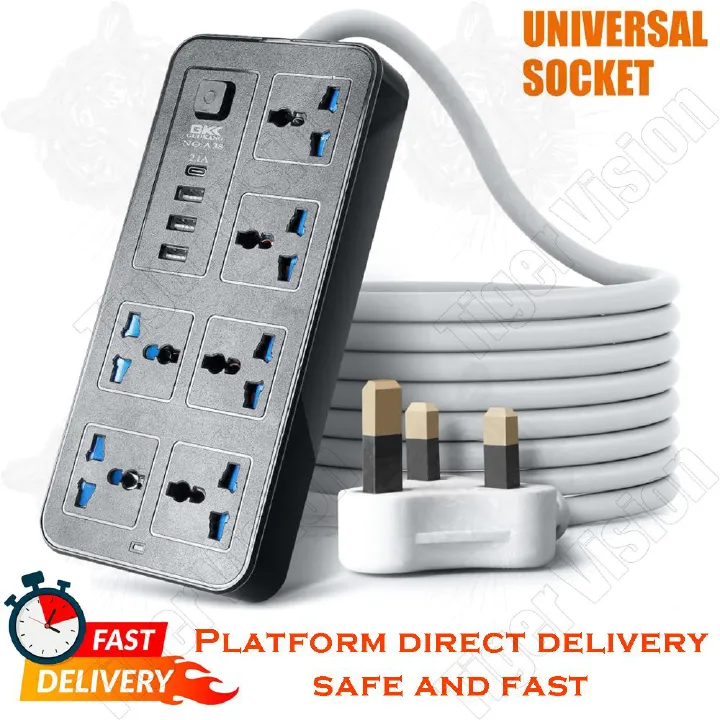 Universal Power Strip Power Socket Heavy Duty Surge Protector Plug Power Socket  6 Way Outlets 3 USB PD Charging Ports USB Charger Adapter 7 Feet Long Extension Cord