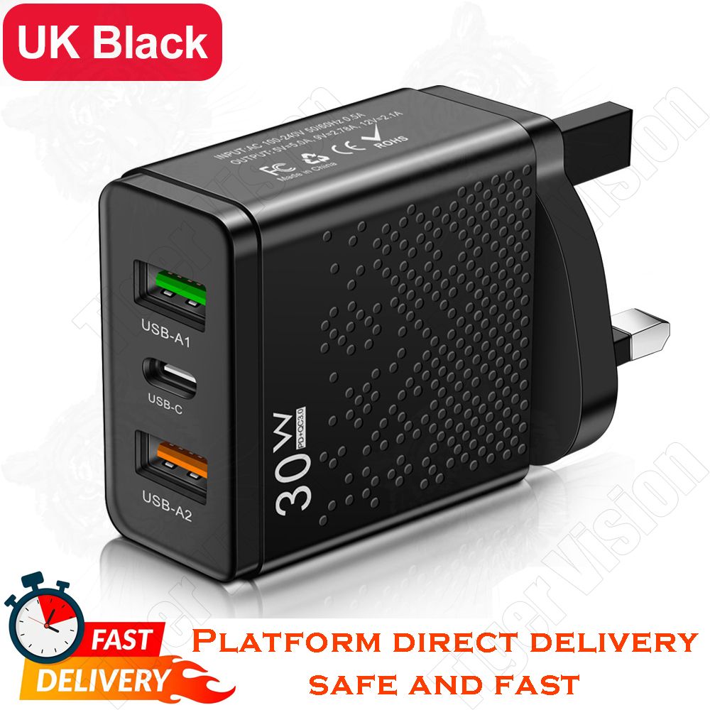 30W Fast Charging USB Wall Charger Adapter UK Standard Plug 3-Port  LED Display Travel Power Adapter for Apple Samsung Android Phones Tablets