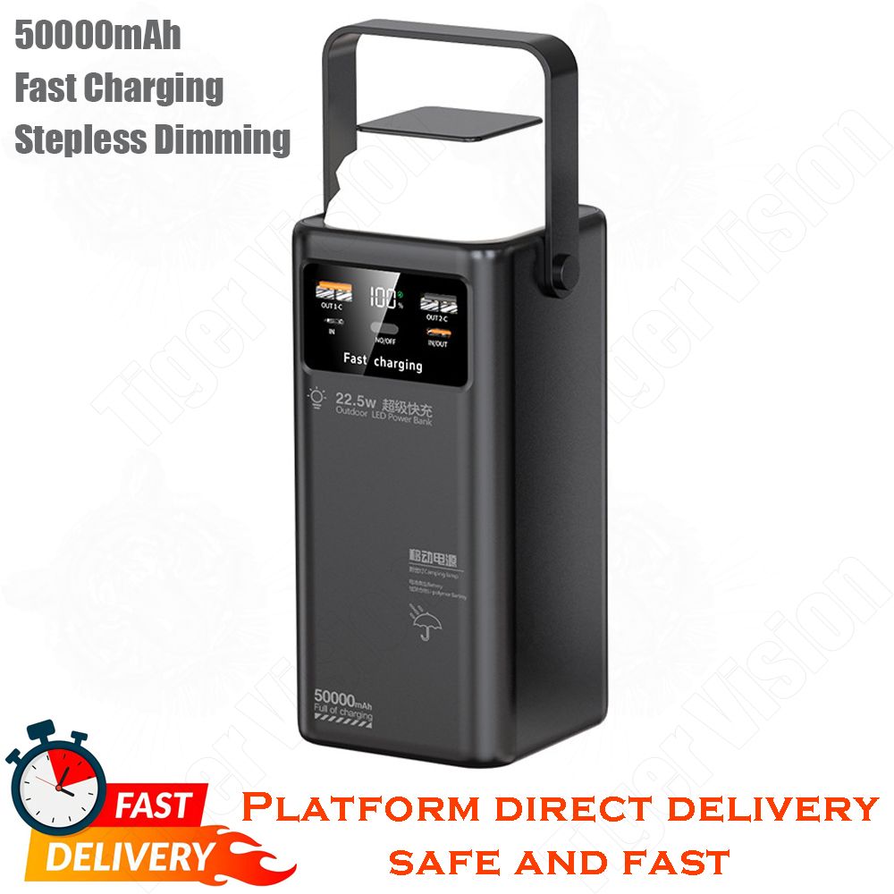 50000mAh Power Bank with 4 Built-in Cables & Camping Light 22.5W SuperCharge 3-Port Smart Power Station USB Charger Adapter Digital Display Handheld Design for Kenya Power Outages/Travel