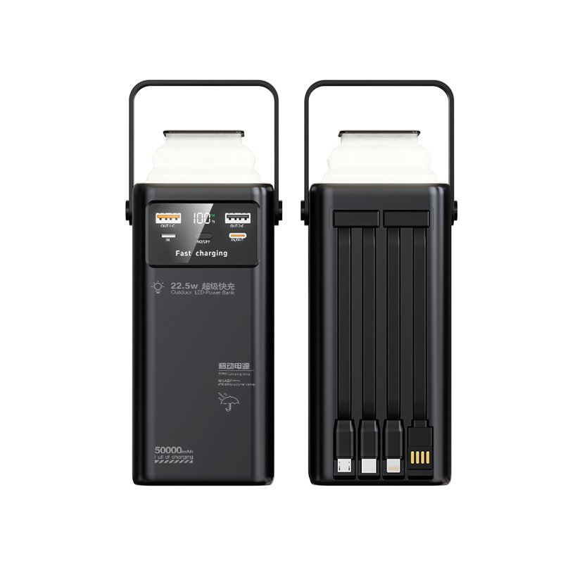 50000mAh Power Bank with 4 Built-in Cables & Camping Light 22.5W SuperCharge 3-Port Smart Power Station USB Charger Adapter Digital Display Handheld Design for Kenya Power Outages/Travel