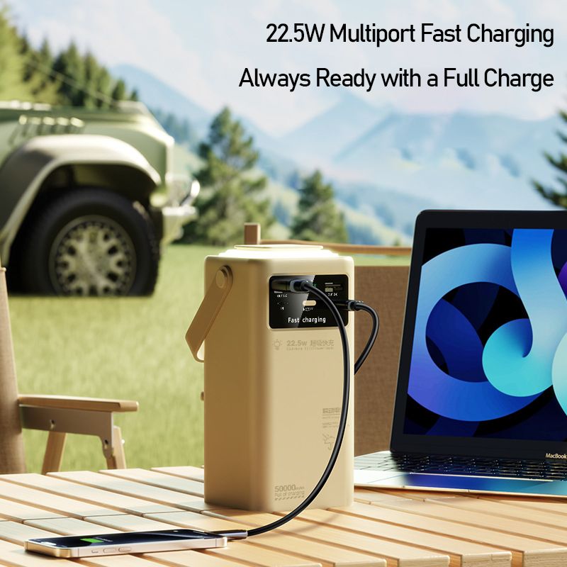 50000mAh Power Bank with 4 Built-in Cables & Camping Light 22.5W SuperCharge 3-Port Smart Power Station USB Charger Adapter Digital Display Handheld Design for Kenya Power Outages/Travel