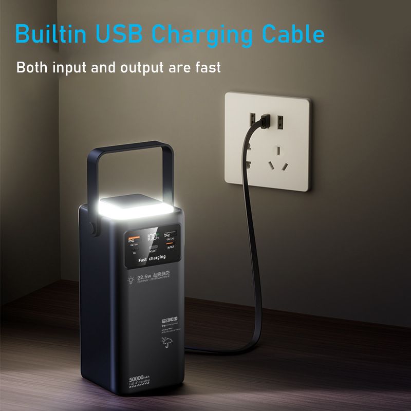 50000mAh Power Bank with 4 Built-in Cables & Camping Light 22.5W SuperCharge 3-Port Smart Power Station USB Charger Adapter Digital Display Handheld Design for Kenya Power Outages/Travel