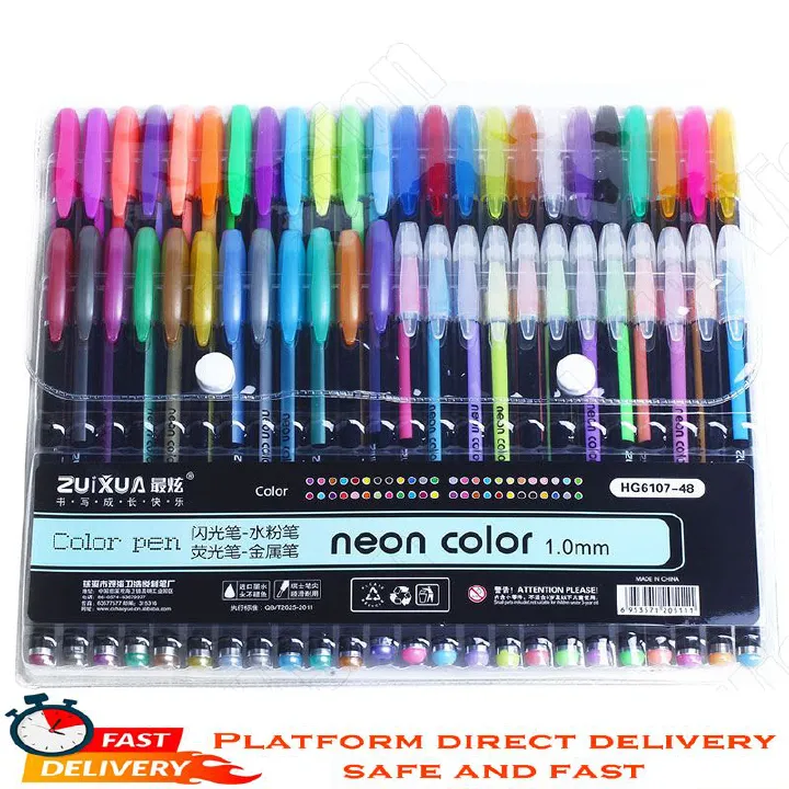 48Pcs Gel Pen Waterproof Ballpoint Highlighter Color gel Glitter Metallic pens Coloring Painting Drawing