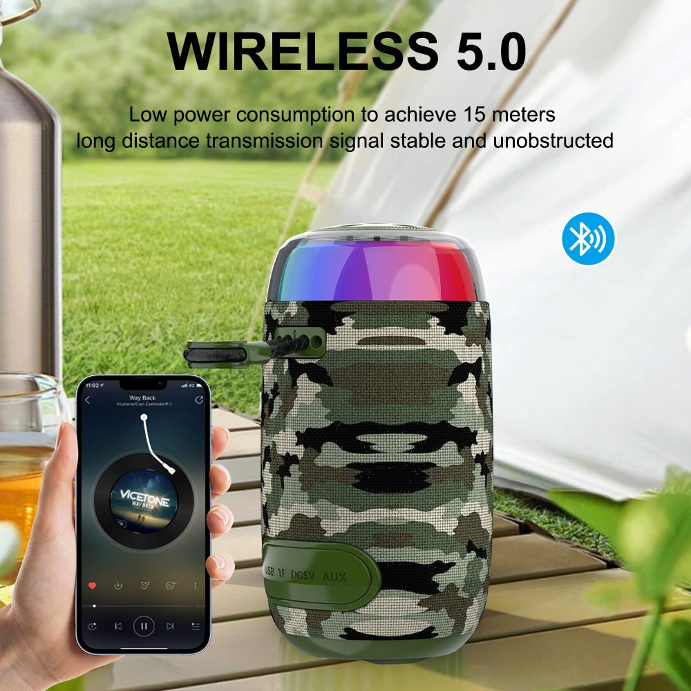 10W Portable Bluetooth Speaker HD Sound Voice Alerts Trumpet Bass 5H Playtime 15M Wireless Range TWS Pairing RGB Party Lights USB/AUX/TF Modes IPX5 Splashproof