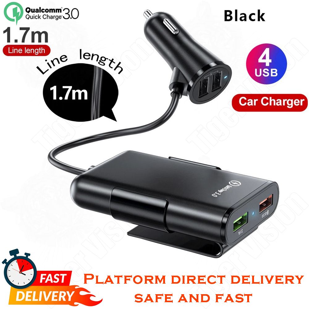 8A Max43W Car Charger Adapter Cigarette QC3.0 4USB Fast Charging 5.6ft Extension Cord Cable Compatible with all USB Devices