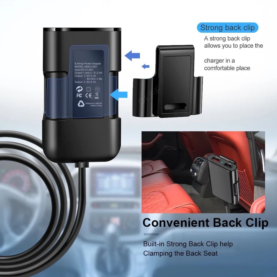 8A Max43W Car Charger Adapter Cigarette QC3.0 4USB Fast Charging 5.6ft Extension Cord Cable Compatible with all USB Devices