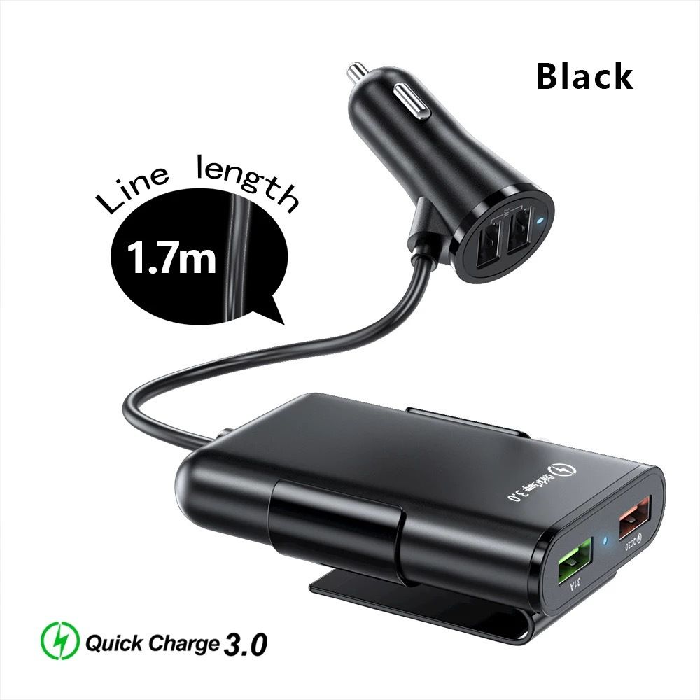 8A Max43W Car Charger Adapter Cigarette QC3.0 4USB Fast Charging 5.6ft Extension Cord Cable Compatible with all USB Devices