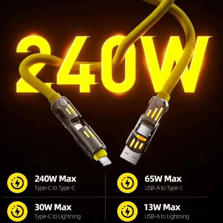 120W Super Fast Charging Cable 3-in-1 Zinc Alloy Liquid Silicone Multi-Device Charger LED Night Type-C/iOS/Micro USB