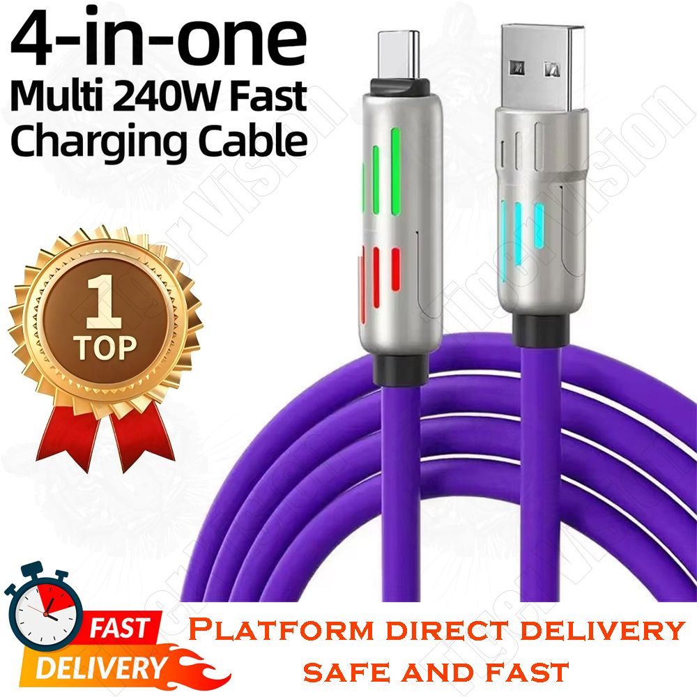 120W Super Fast Charging Cable 3-in-1 Zinc Alloy Liquid Silicone Multi-Device Charger LED Night Type-C/iOS/Micro USB