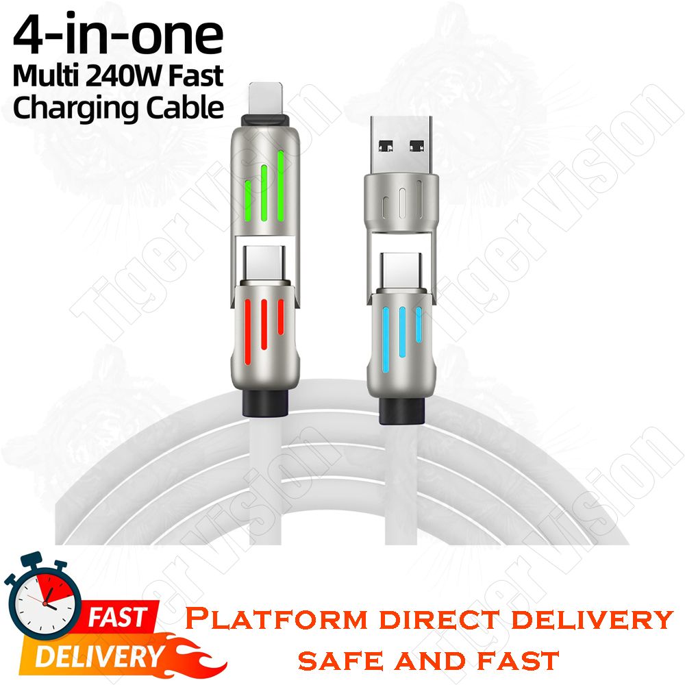 120W Super Fast Charging Cable 3-in-1 Zinc Alloy Liquid Silicone Multi-Device Charger LED Night Type-C/iOS/Micro USB