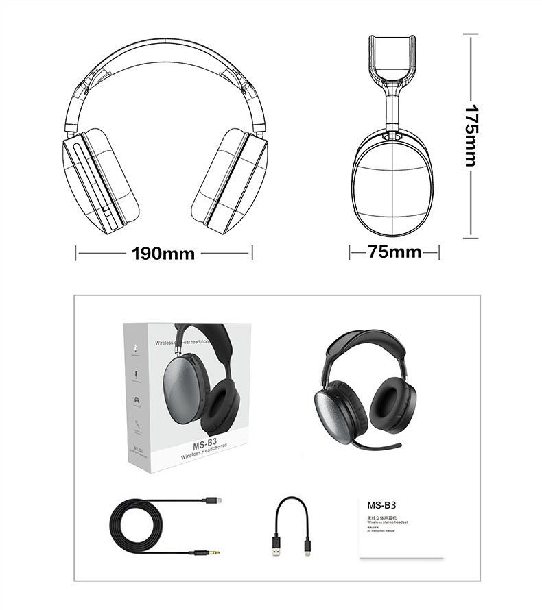Bluetooth Headphone Overhead Wireless Sports Earphones Deep Bass Hi-Res Passive Noise Reduction 360H Standby Independent Microphone Triple-Mode Connectivity AUX Protein Ear Cushions & Foldable Design