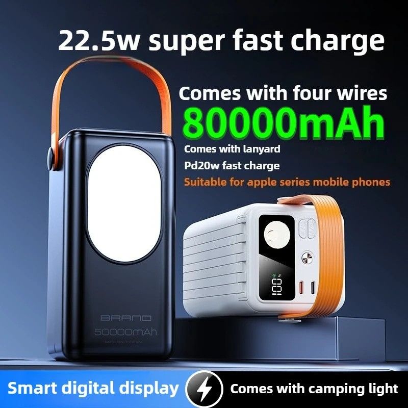 80000mAh Power Bank With 4 Charging Cables USB Fast Charger Adapter 22.5W Fast Charging Portable Powerbank Lanyard with Light Camping Outdoor Power Bank for IPhone Samsung