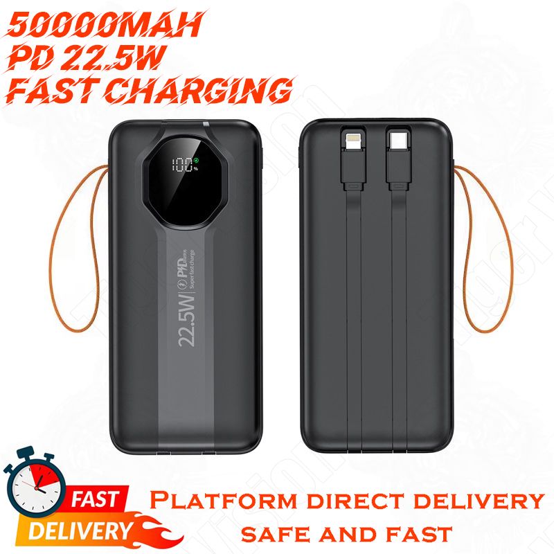 50000mAh Power Bank with Built-in Charging Cable Fast USB Charger 4 USB Charger Adapter LED Display Portable Design Powerbank with Lanyard