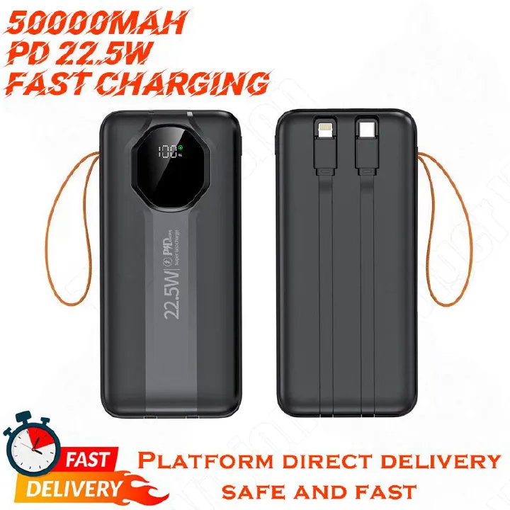 50000mAh Power Bank with Built-in Charging Cable Fast USB Charger 4 USB Charger Adapter LED Display Portable Design Powerbank with Lanyard