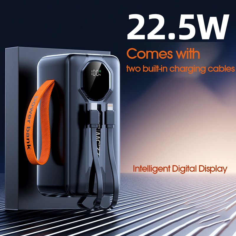 50000mAh Power Bank with Built-in Charging Cable Fast USB Charger 4 USB Charger Adapter LED Display Portable Design Powerbank with Lanyard