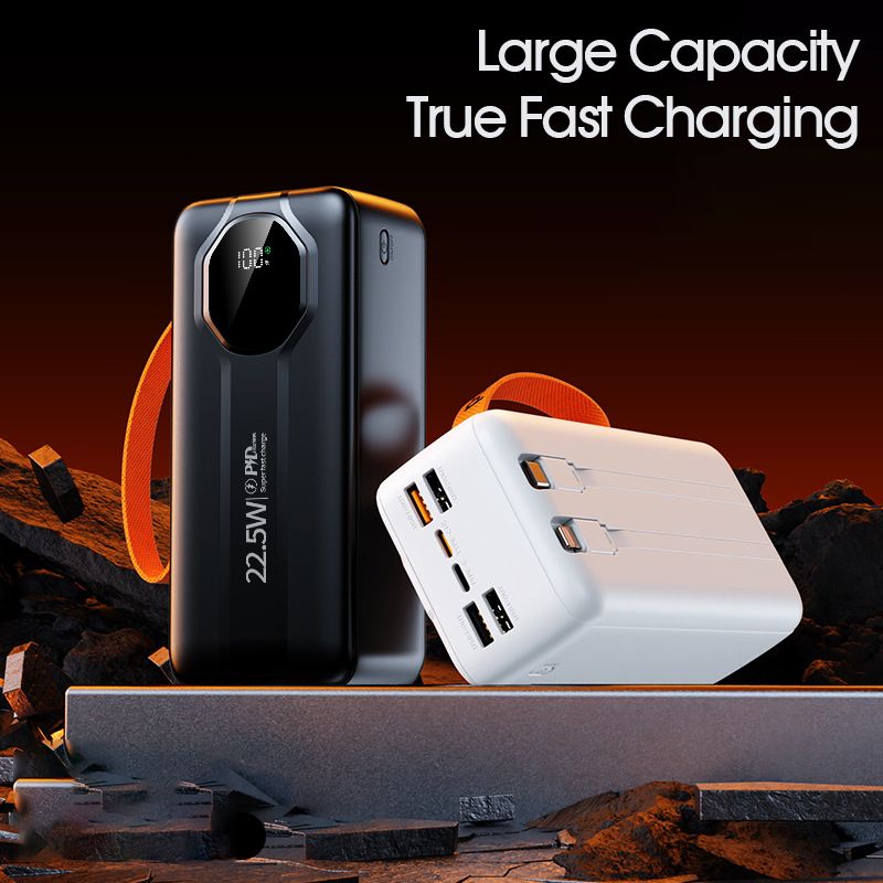 50000mAh Power Bank with Built-in Charging Cable Fast USB Charger 4 USB Charger Adapter LED Display Portable Design Powerbank with Lanyard