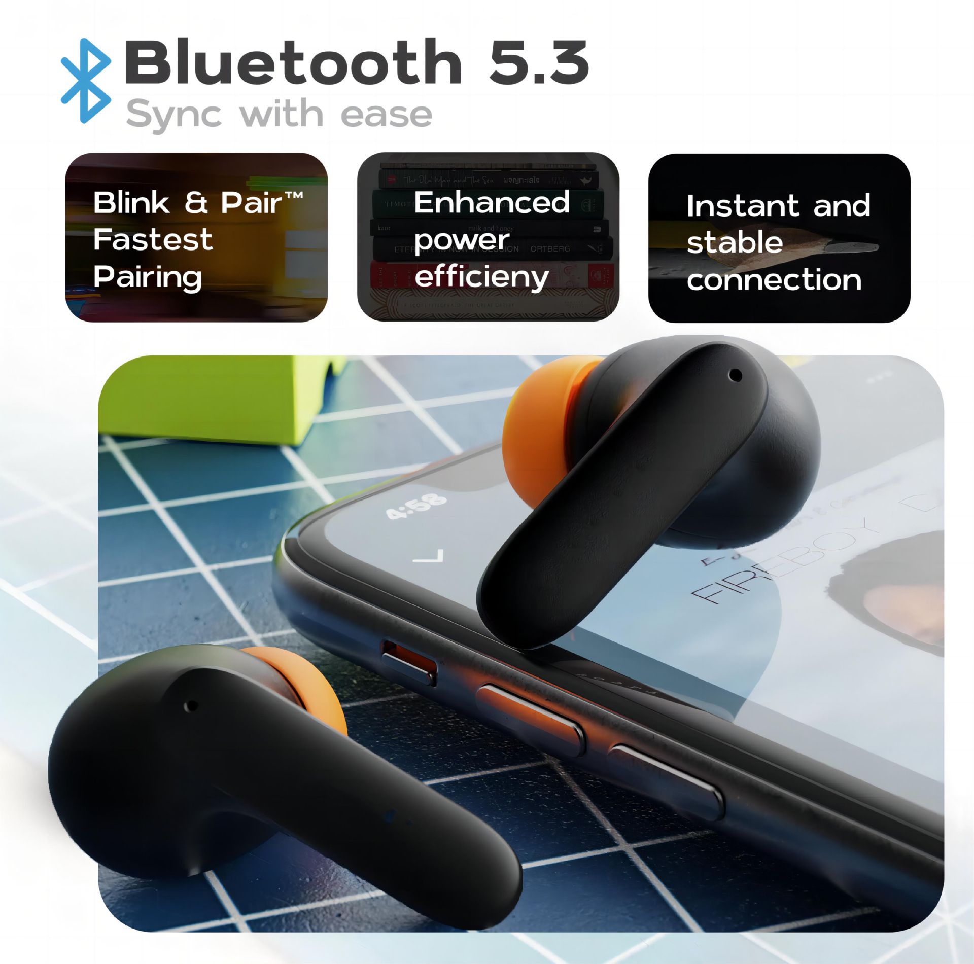 Active Noise Cancelling Bluetooth Earphone Wireless Earbuds Deep Bass Touch Earphone with Mic