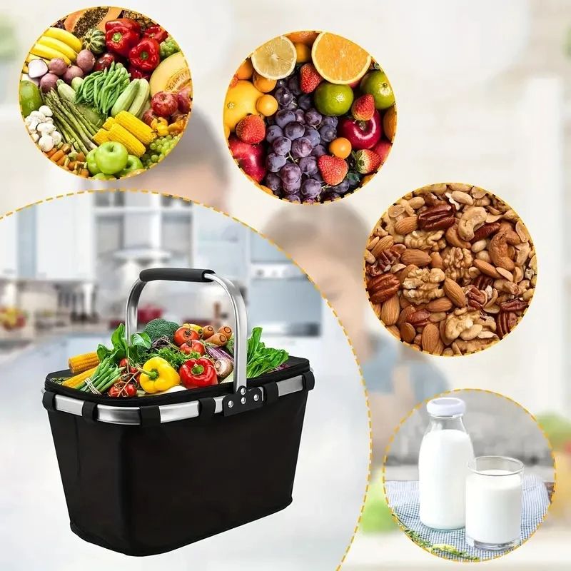 Insulated Picnic Basket, Insulated Shopping Basket With Lock Lid, Waterproof Foldable Cooler Basket