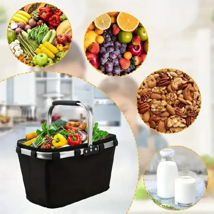 Insulated Picnic Basket, Insulated Shopping Basket With Lock Lid, Waterproof Foldable Cooler Basket