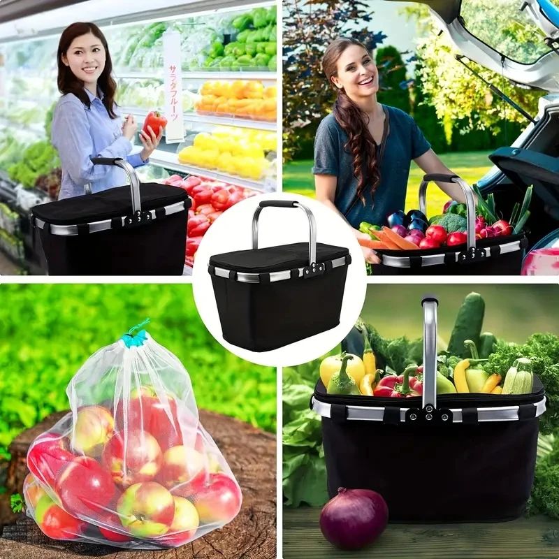 Insulated Picnic Basket, Insulated Shopping Basket With Lock Lid, Waterproof Foldable Cooler Basket